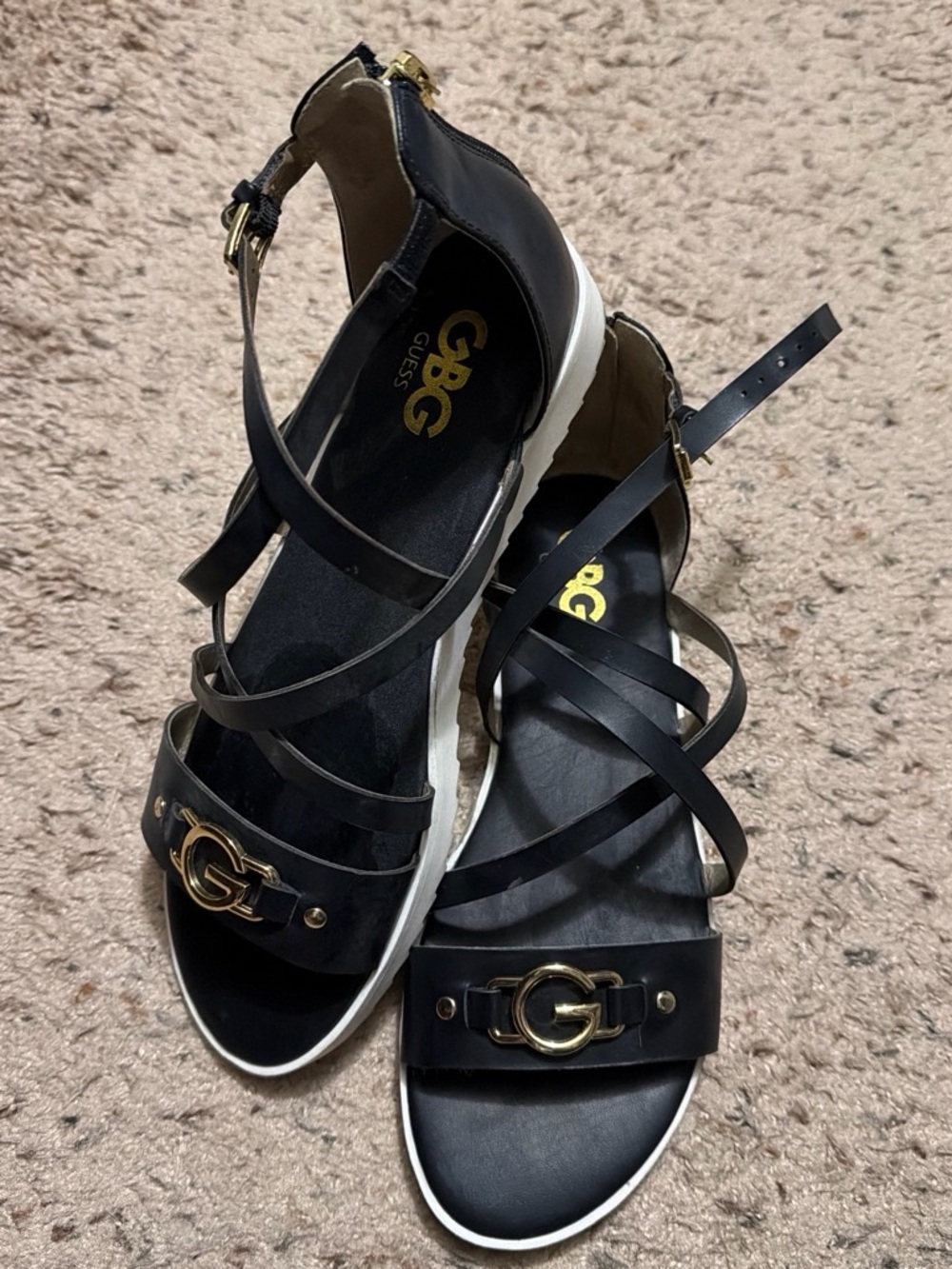 Guess Black Strappy Sandals with Gold G Hardware